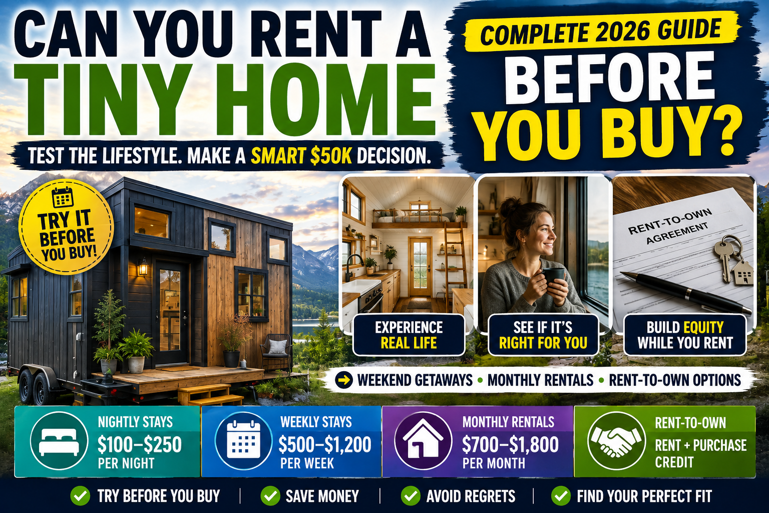 Can you rent a tiny home before buying? 2026 guide showing tiny home rentals, monthly stays and rent-to-own options.