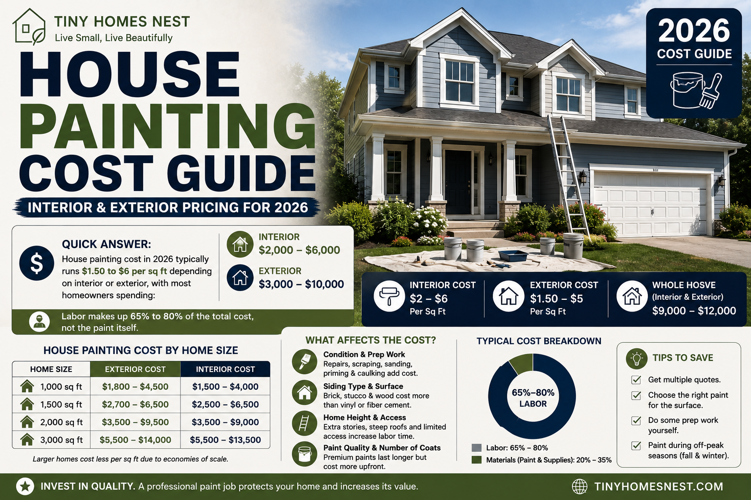 House painting cost guide comparing interior and exterior painting prices in 2026