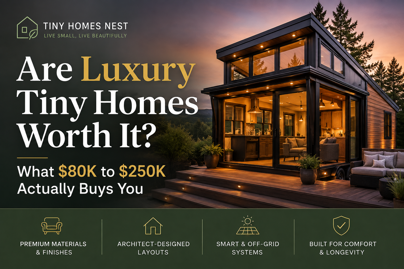 Luxury tiny home at sunset showing premium materials, modern design, smart systems, and upscale outdoor living