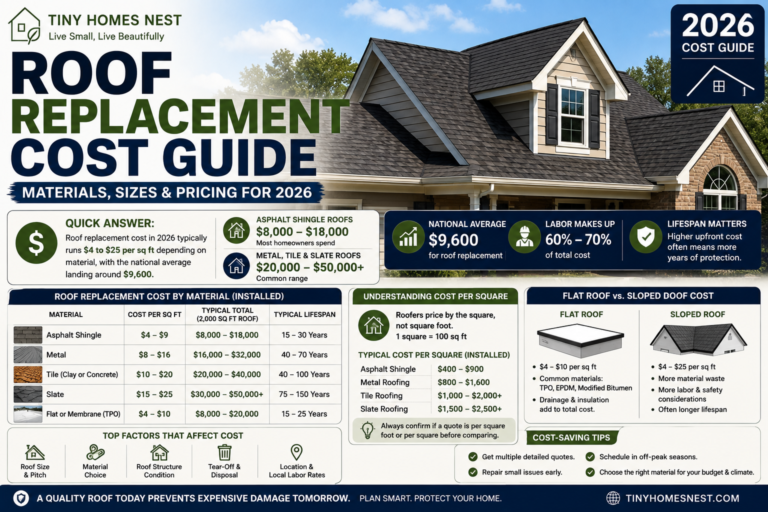 Roof replacement cost guide comparing asphalt, metal, tile and slate roofing prices in 2026