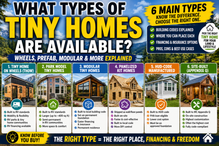 Six types of tiny homes explained, including homes on wheels, park models, modular, panelized kit, HUD-code manufactured, and site-built homes.