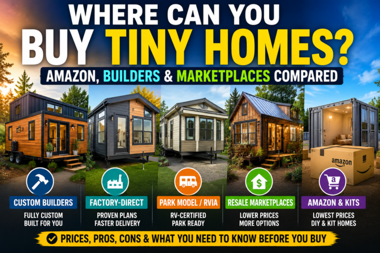 Where to buy tiny homes from Amazon, custom builders, factory-direct manufacturers, dealers, and resale marketplaces
