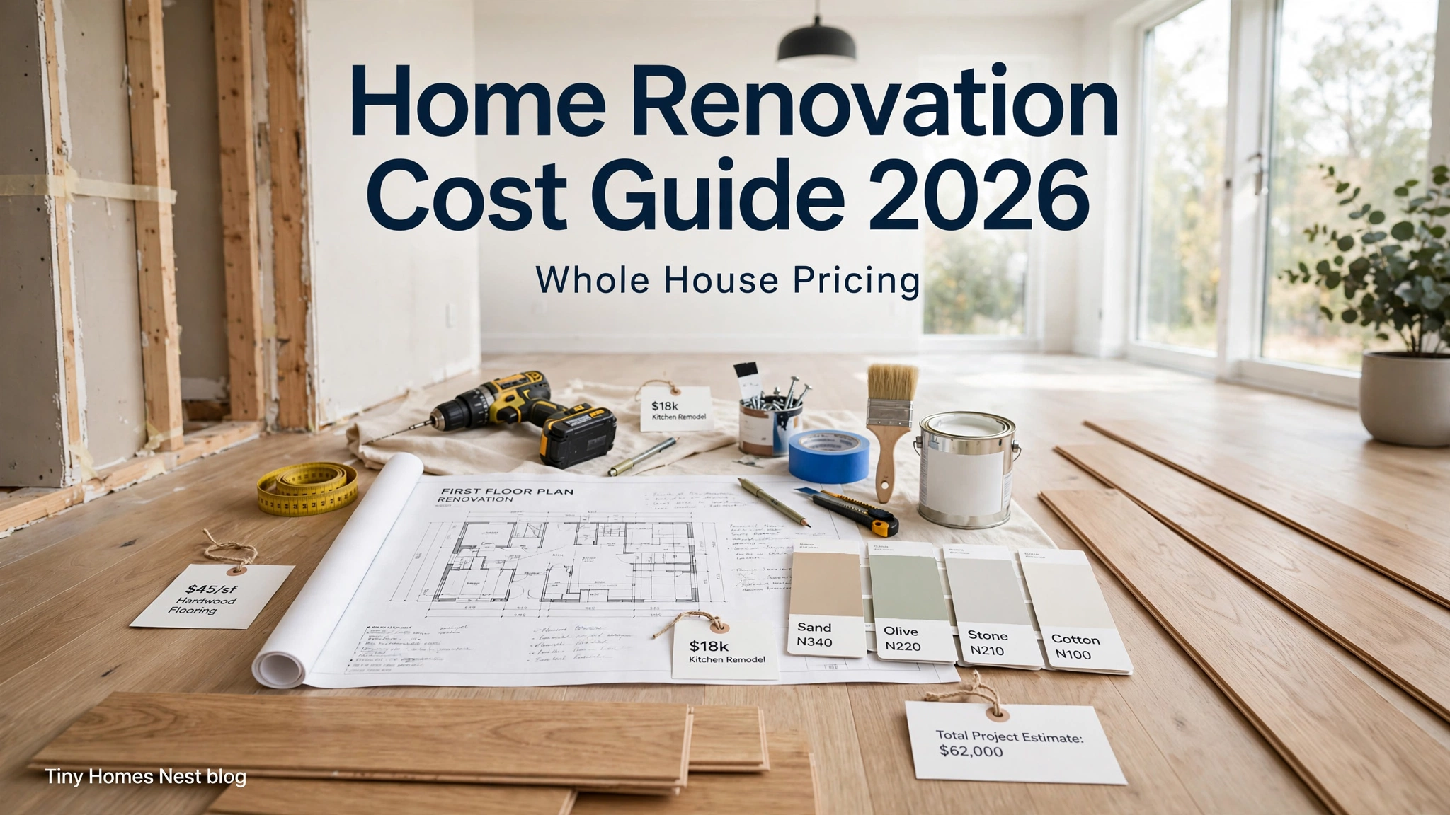 home renovation cost guide 2026 whole house pricing breakdown with blueprints and flooring