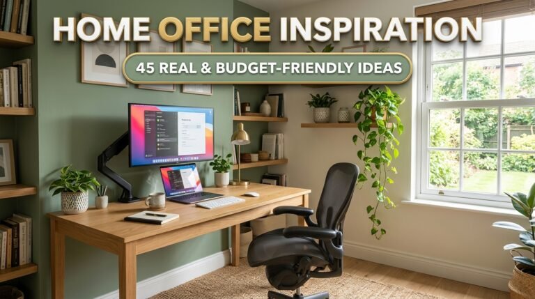 home office inspiration with a natural wood desk and sage green wall.