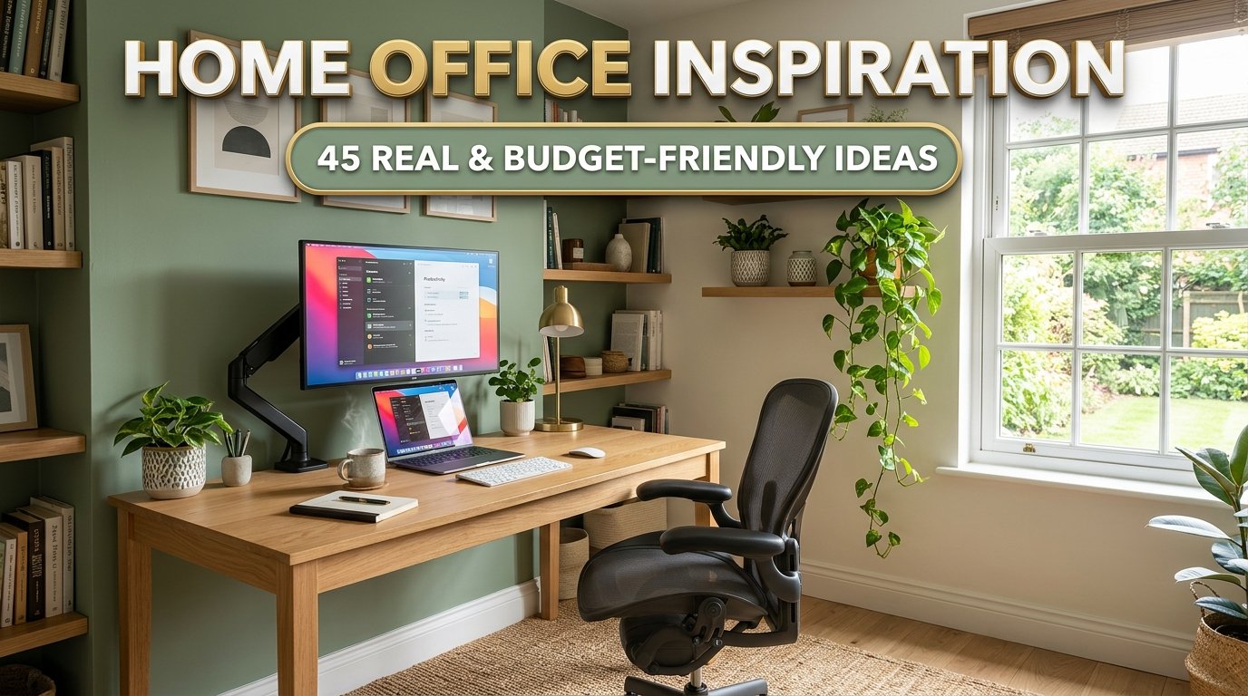 home office inspiration with a natural wood desk and sage green wall.