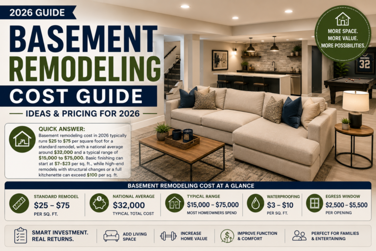 Basement remodeling cost guide showing a finished basement and 2026 renovation prices