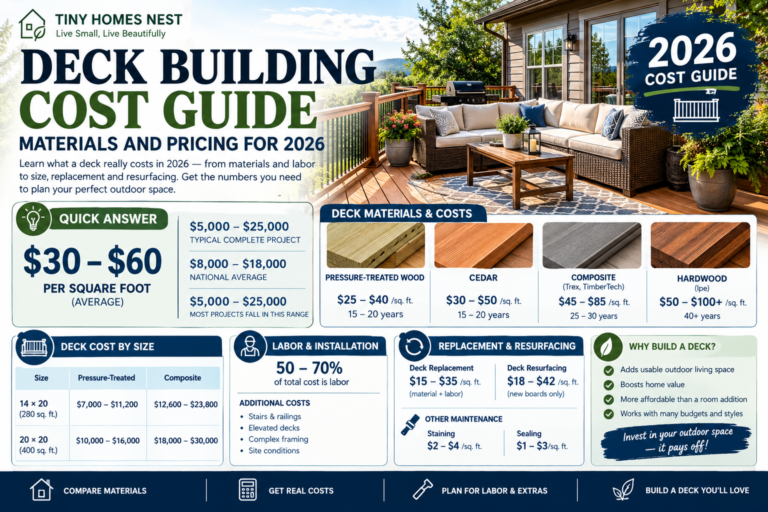 Deck building cost guide showing deck materials and 2026 pricing