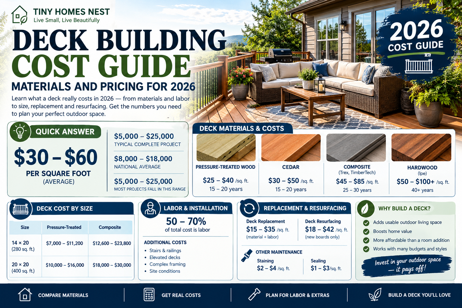 Deck building cost guide showing deck materials and 2026 pricing