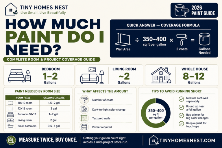 How much paint do I need infographic showing paint coverage by room size, gallons needed, coverage formula, and painting tips