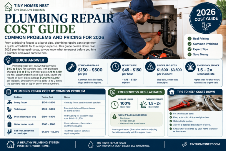 Plumbing repair cost guide showing a plumber and common 2026 repair prices