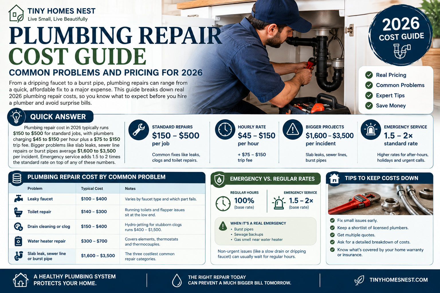Plumbing repair cost guide showing a plumber and common 2026 repair prices