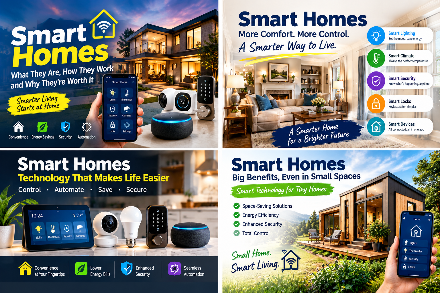 Smart home devices including a thermostat, lock and lighting controlled from a phone