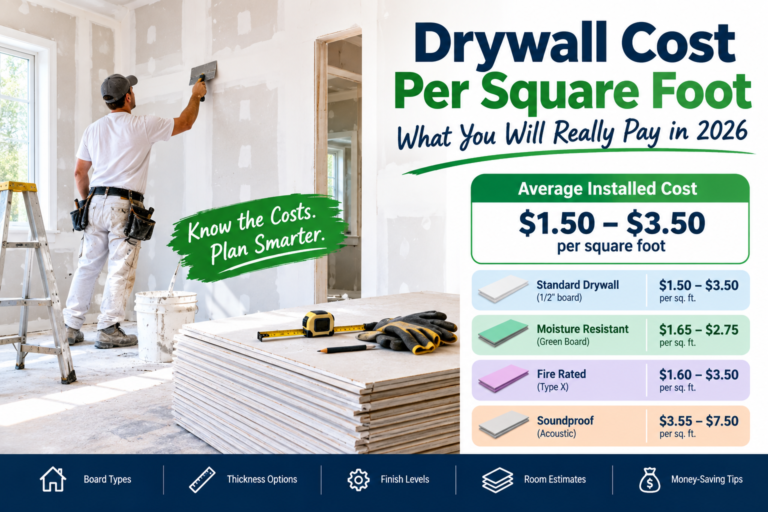 Drywall cost per square foot showing standard, moisture resistant, fire rated and soundproof drywall prices